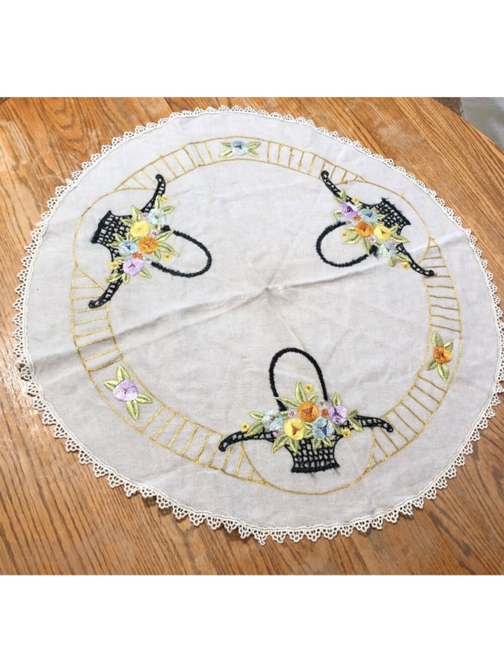 Vintage Table Center Piece Hand-Embroidered Linen Topper Floral Basket Lace Edge